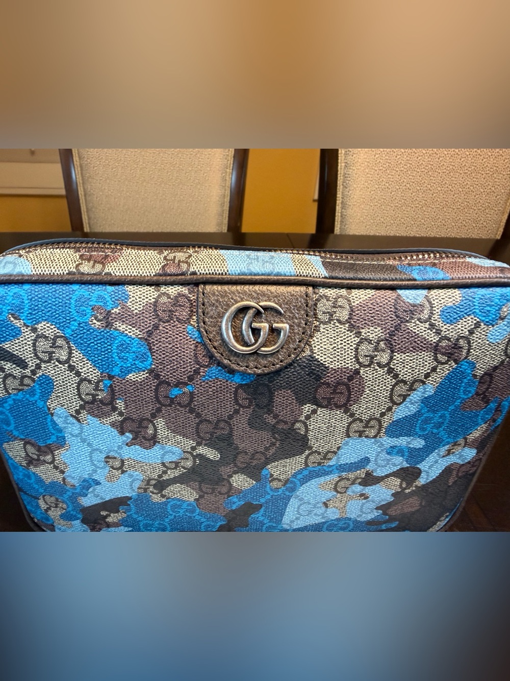 New Authentic Gucci GG Supreme Logo Leather Brown Blue Shoulder Bag - Picture 4 of 16